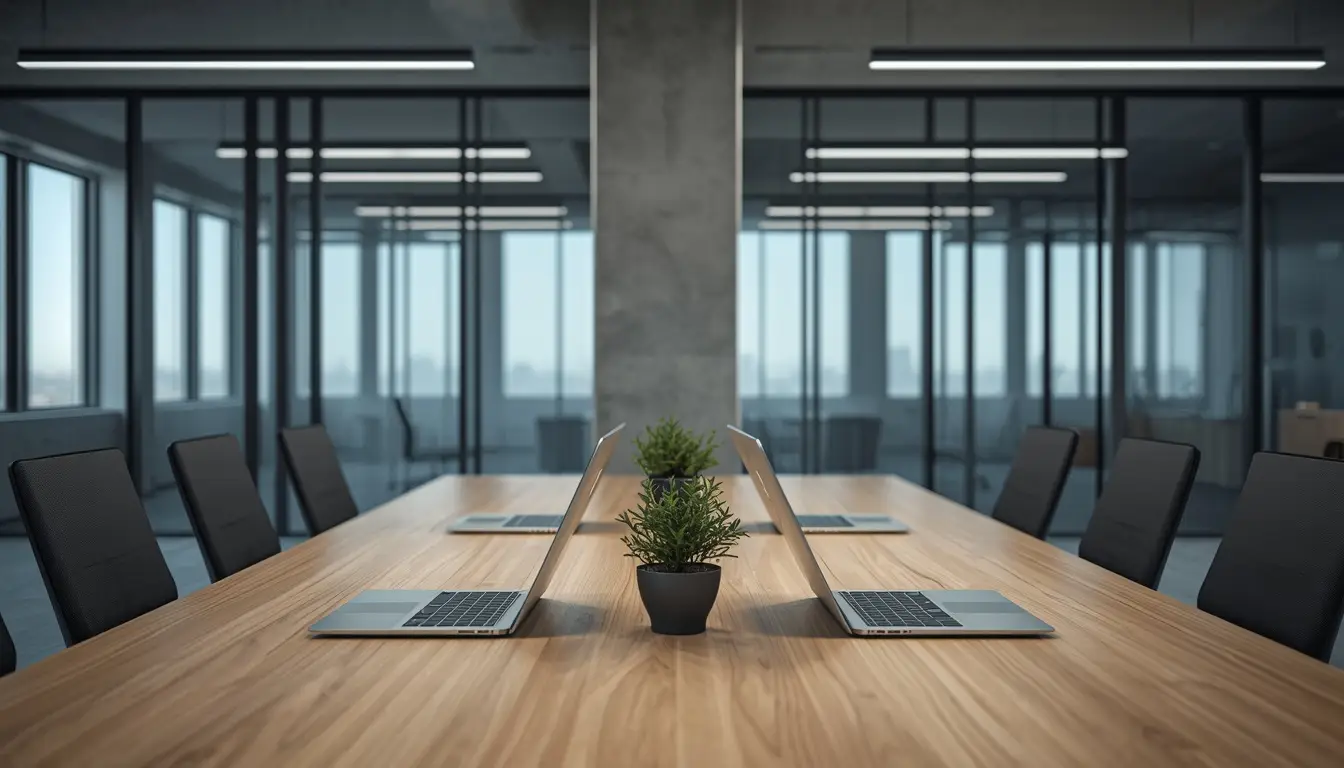 Sala de trabajo vacía: mesa de madera, laptops cerradas y plantas, con la ciudad al fondo. Sin personas.